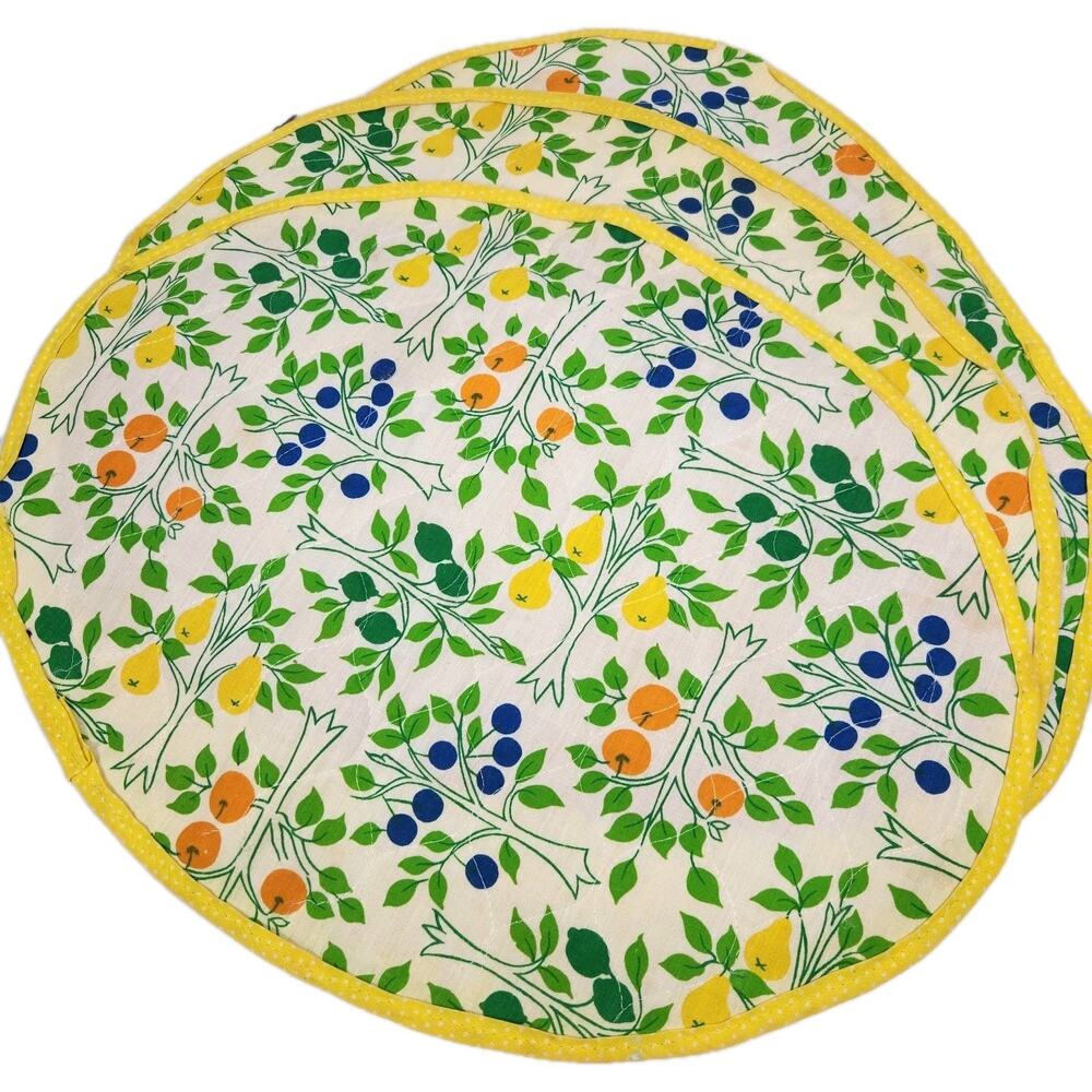 Vtg Set Of 3 Quilted Placemats Fruit Trees Lemon Orange Cottage Grandma Estate